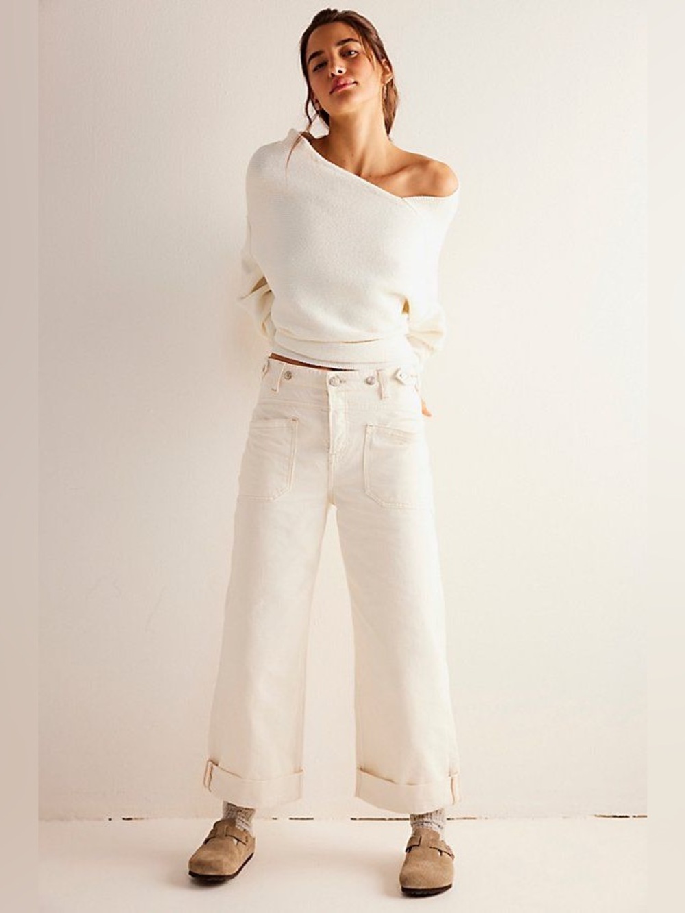 NWT FREE PEOPLE WE THE FREE Palmer Cuffed Jeans | Eggshell MSRP $128 Size 28